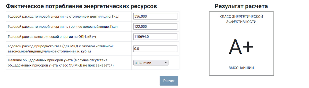 Расчет класса энергетической эффективности многоквартирного дома